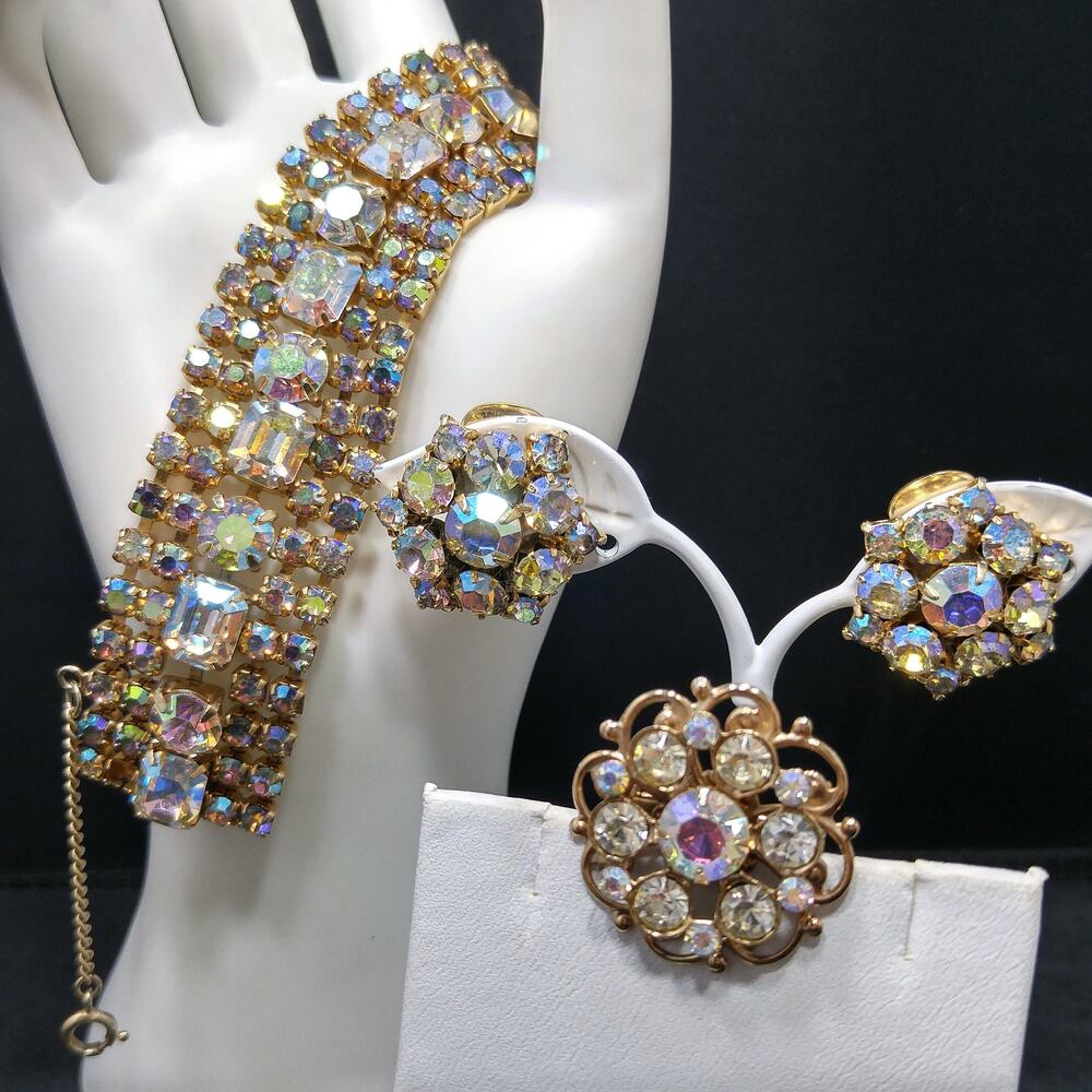 Aurora Borealis Rhinestone Set: Bracelet Clip Earrings Pin, Gold Plated, 1960s